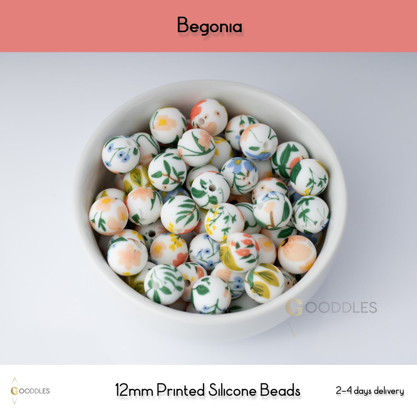 Begonia Silicone Beads Printed Round Silicone Beads