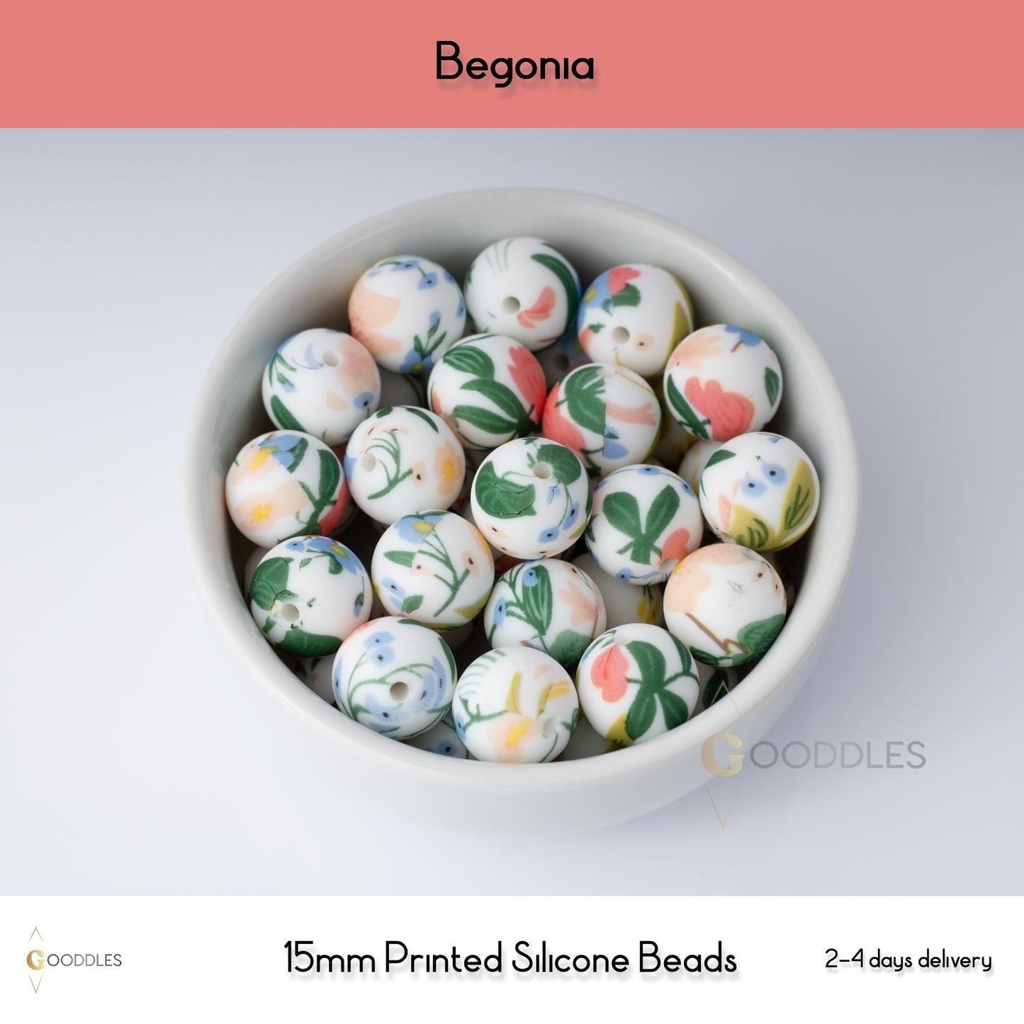 Begonia Silicone Beads Printed Round Silicone Beads