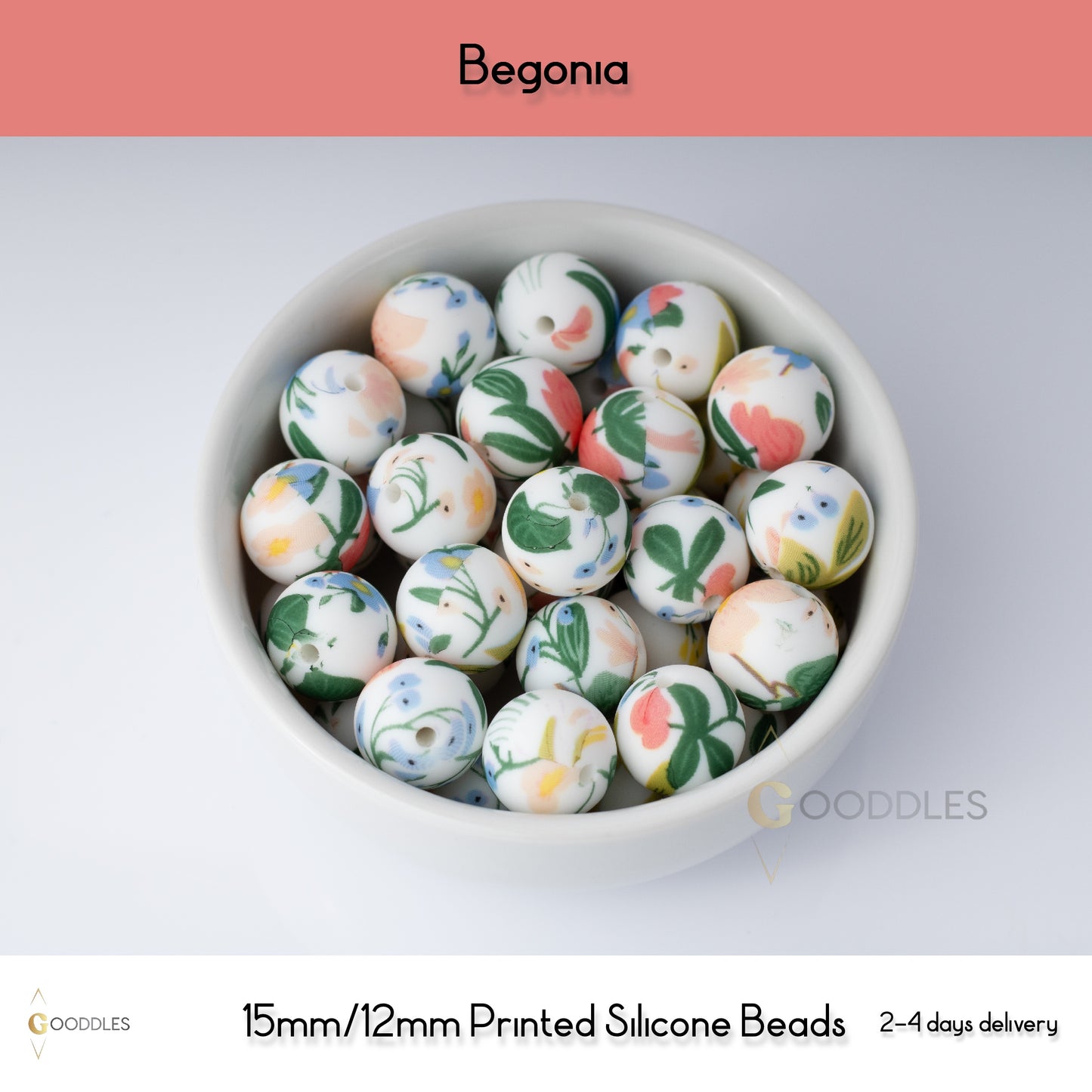 Begonia Silicone Beads Printed Round Silicone Beads