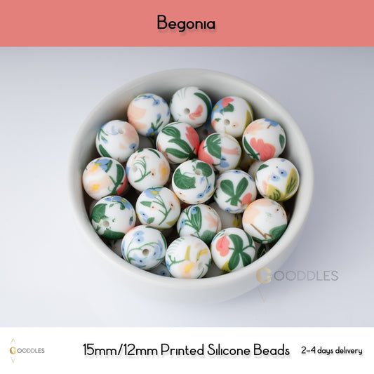 Begonia Silicone Beads Printed Round Silicone Beads