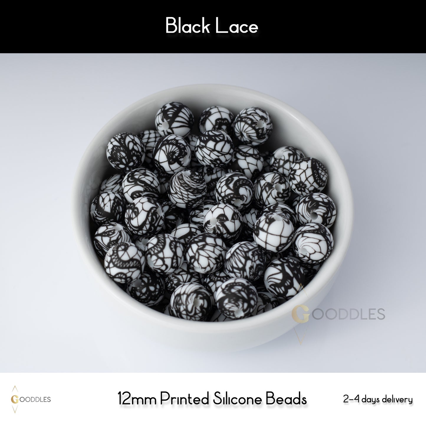 Black Lace Silicone Beads Printed Round Silicone Beads