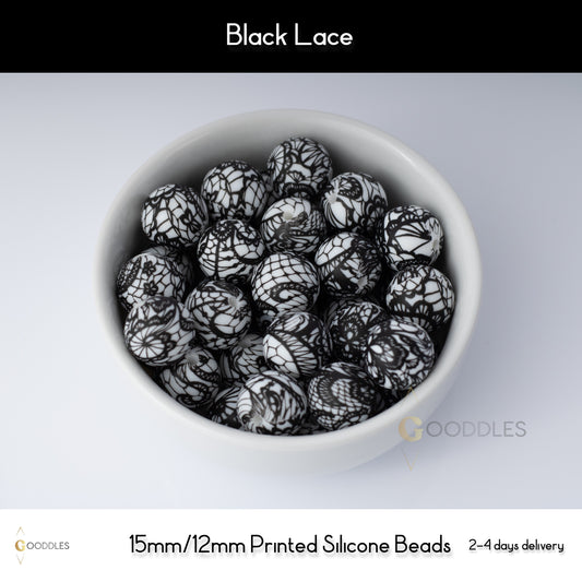 Black Lace Silicone Beads Printed Round Silicone Beads