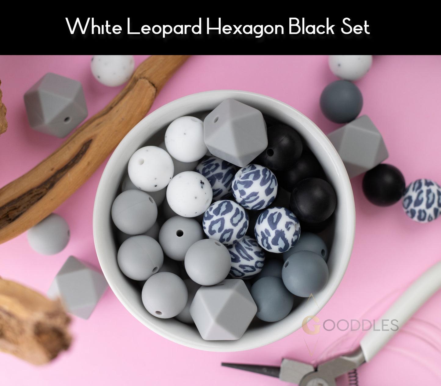 25pcs, White Leopard Silicone Bead Mix Round Silicone Beads