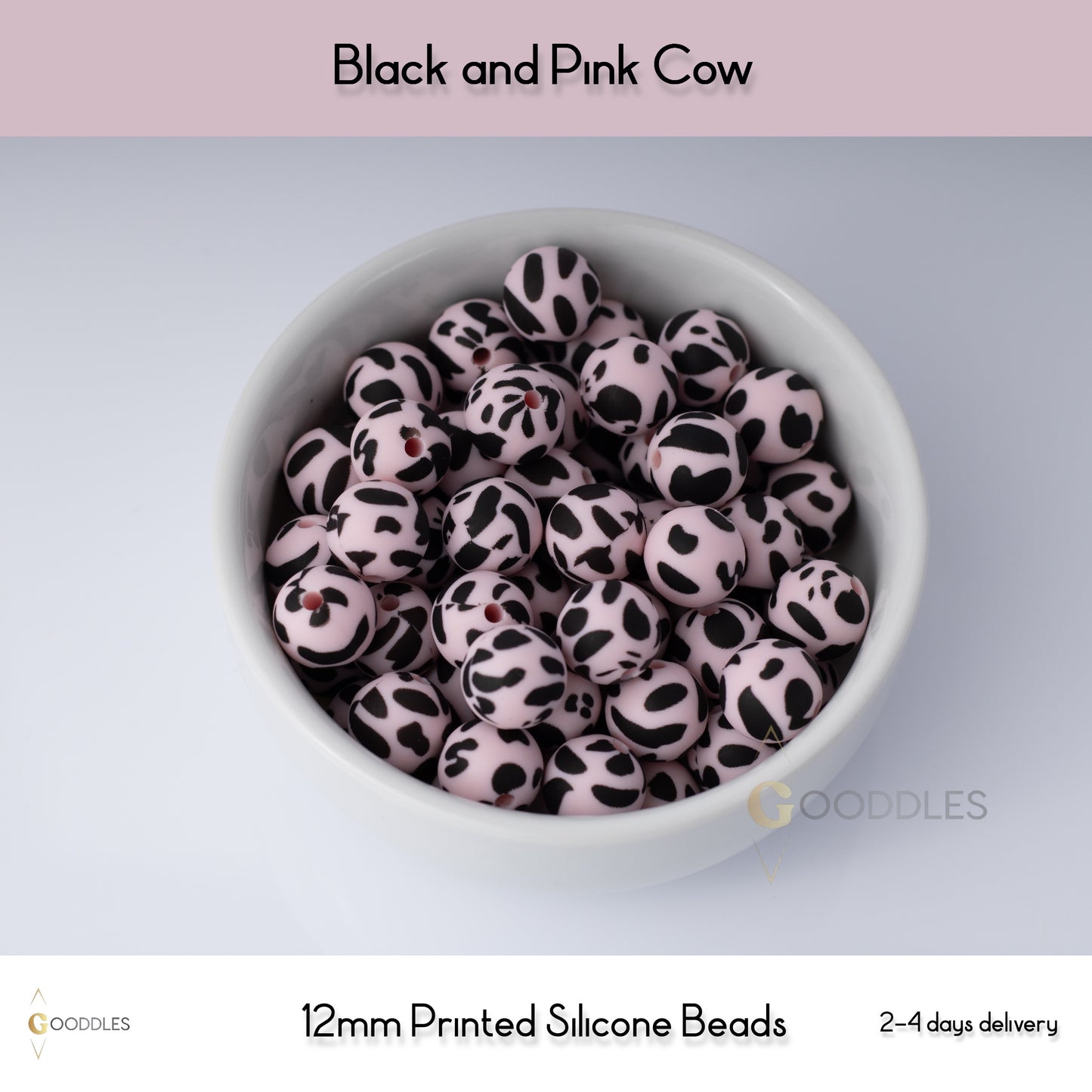Black and Pink Cow Silicone Beads Printed Round Silicone Beads