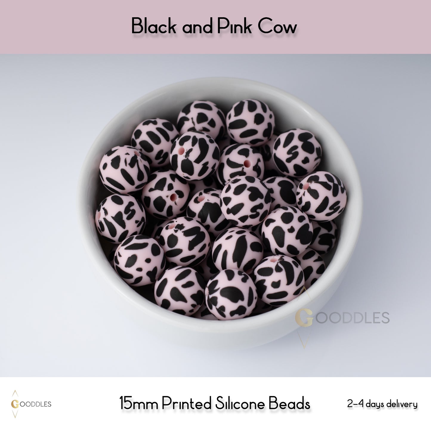 Black and Pink Cow Silicone Beads Printed Round Silicone Beads