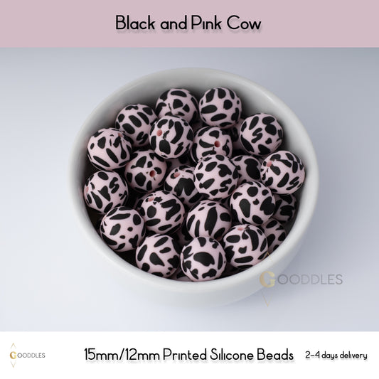 Black and Pink Cow Silicone Beads Printed Round Silicone Beads