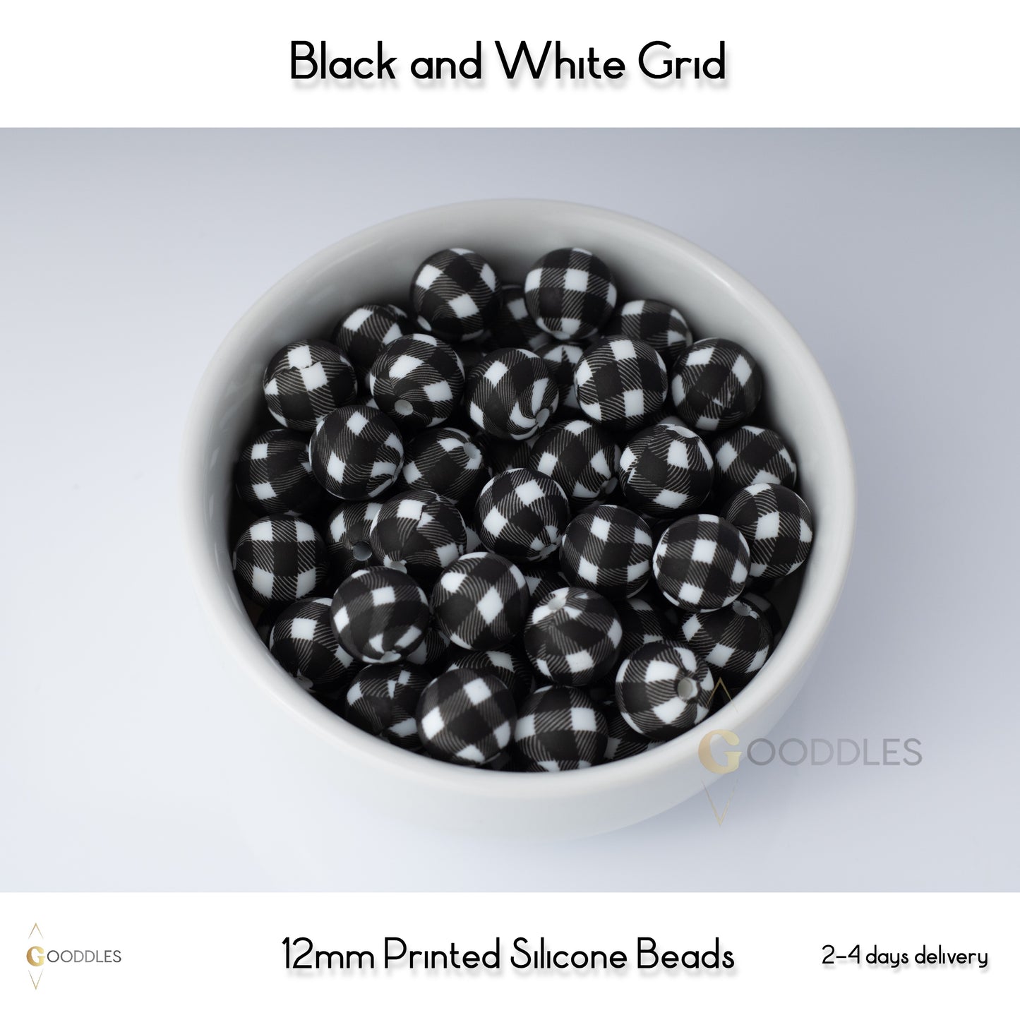 Black and White Grid Silicone Beads Printed Round Silicone Beads