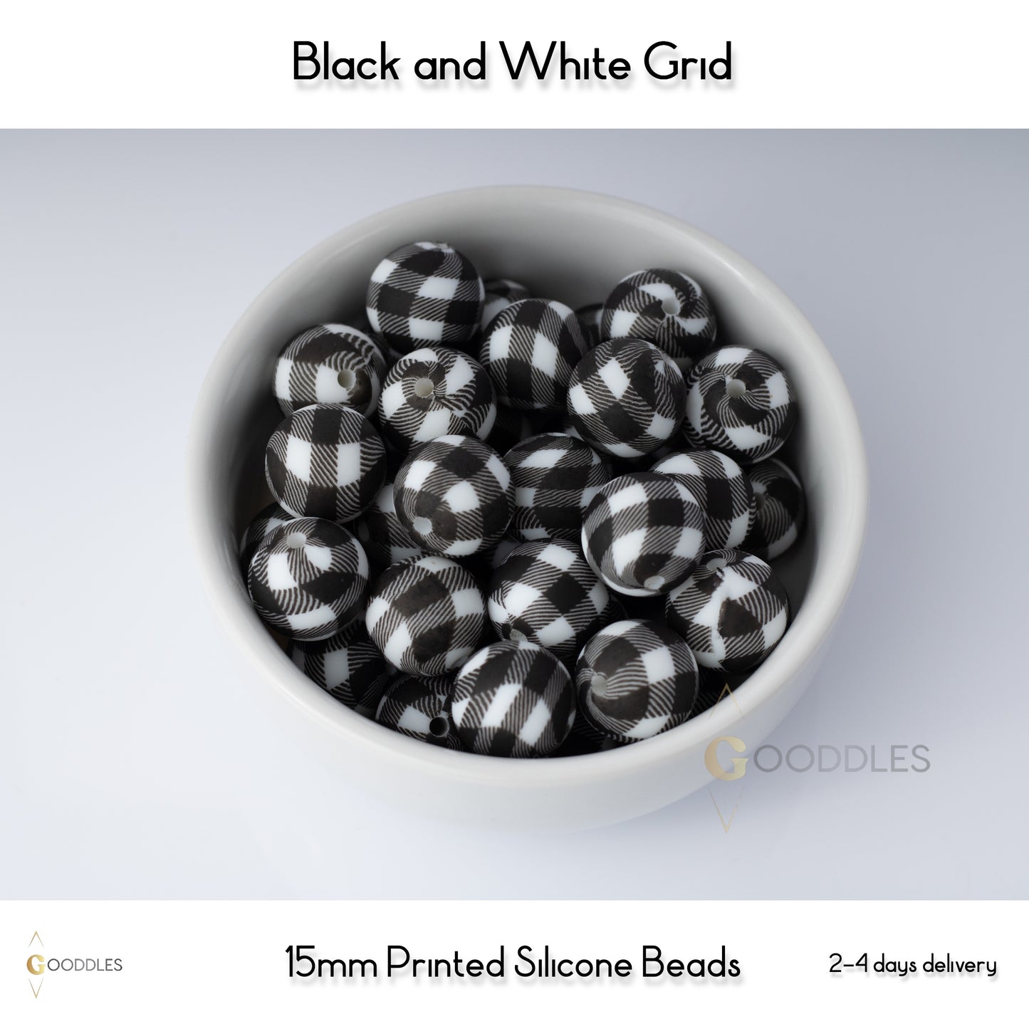 Black and White Grid Silicone Beads Printed Round Silicone Beads