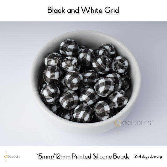 Black and White Grid Silicone Beads Printed Round Silicone Beads