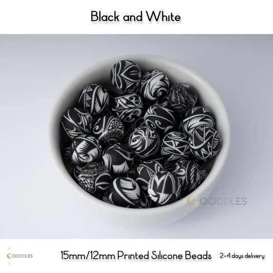 Black and White Silicone Beads Printed Round Silicone Beads