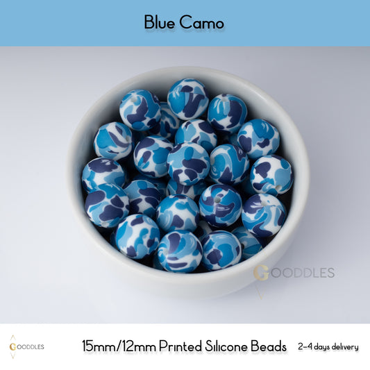 Blue Camo Silicone Beads Printed Round Silicone Beads