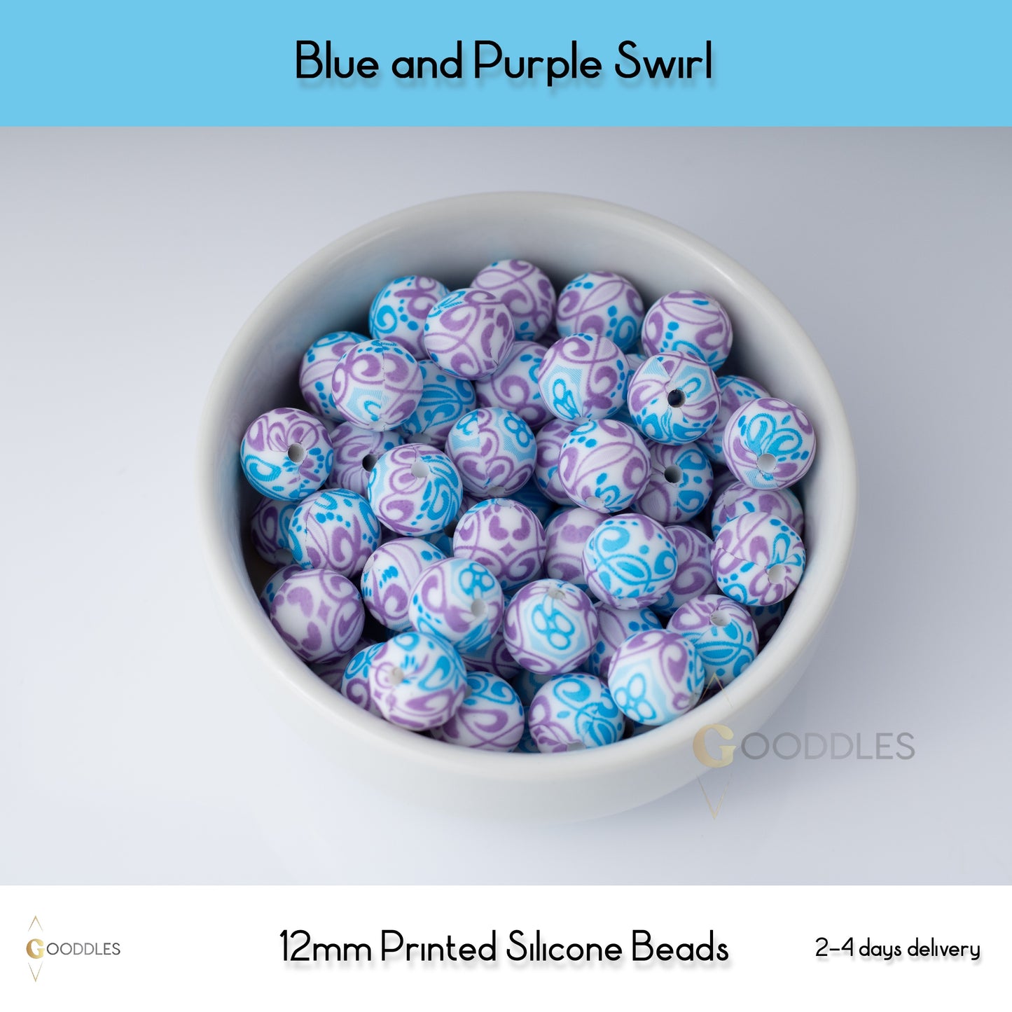 Blue and Purple Swirl Silicone Beads Printed Round Silicone Beads