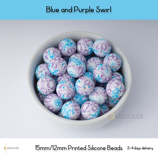 Blue and Purple Swirl Silicone Beads Printed Round Silicone Beads