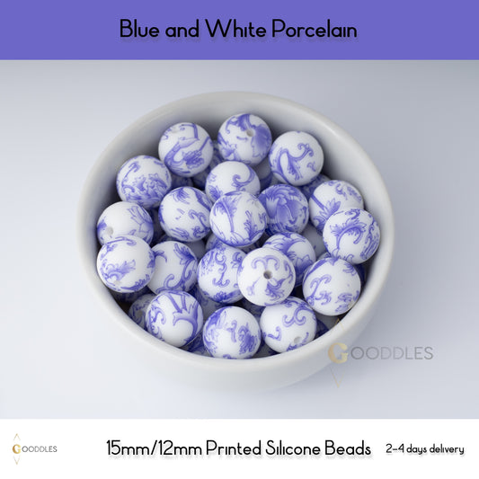 Blue and White Porcelain Silicone Beads Printed Round Silicone Beads