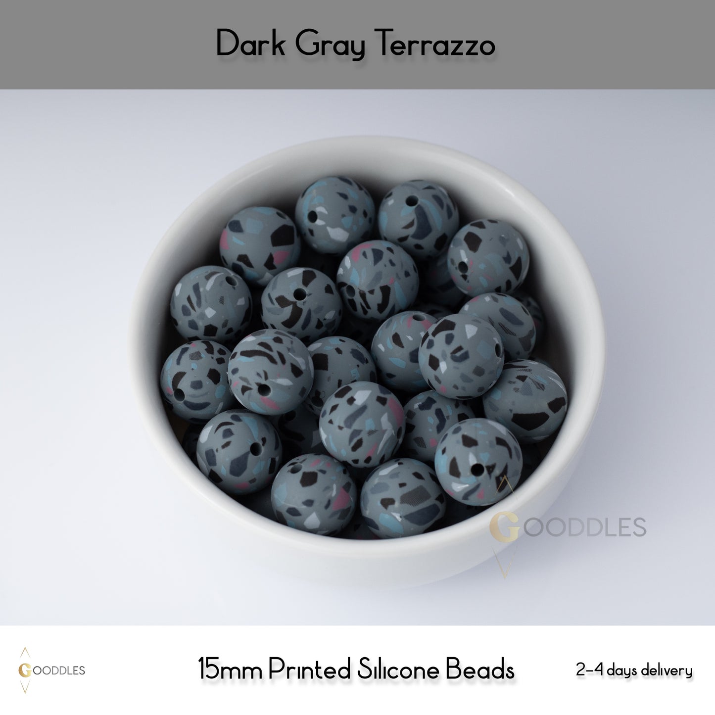 Dark Gray Terrazzo Silicone Beads Printed Round Silicone Beads