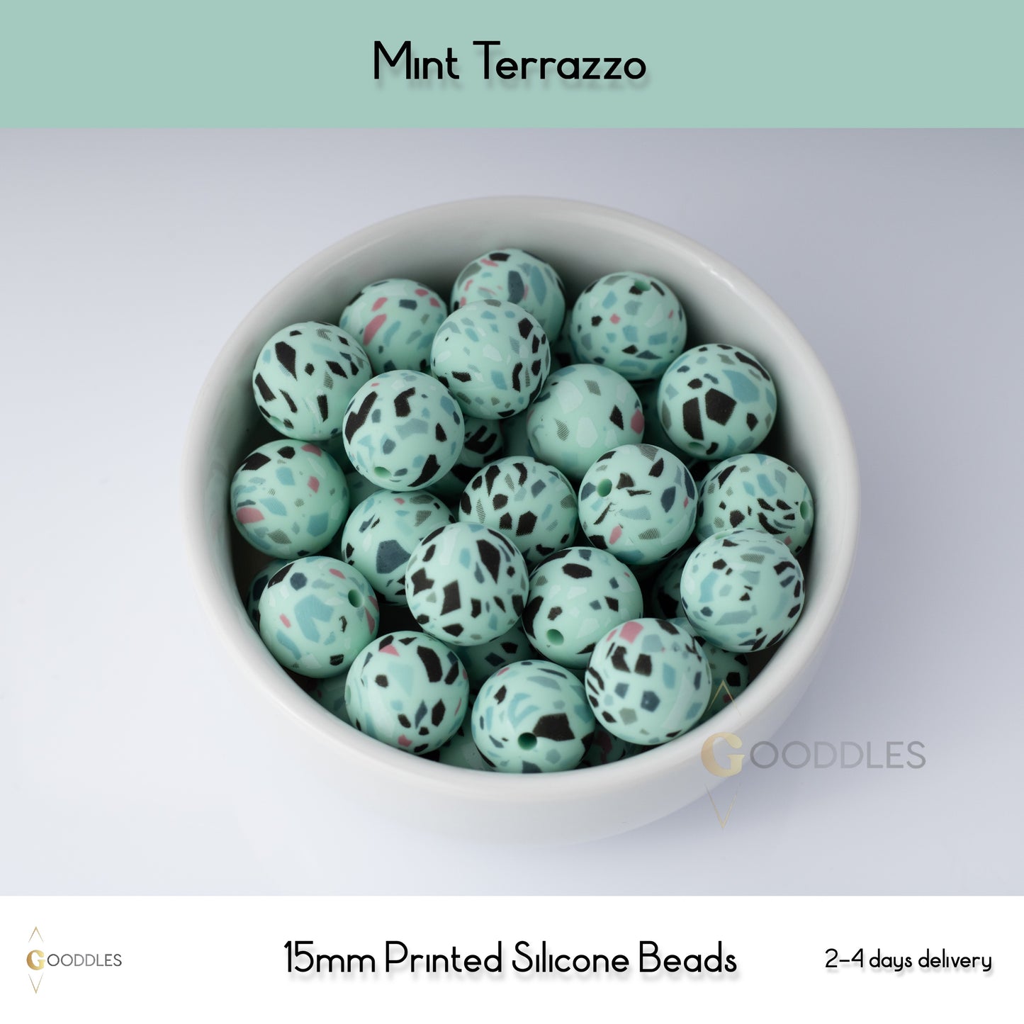 Mint Terrazzo Silicone Beads Printed Round Silicone Beads