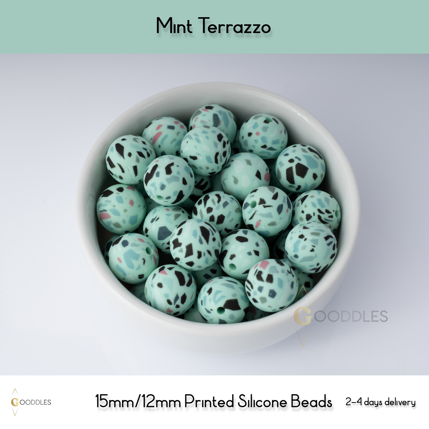 Mint Terrazzo Silicone Beads Printed Round Silicone Beads