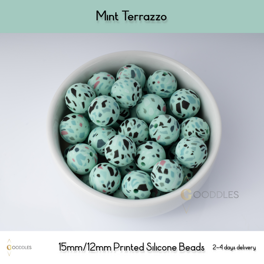 Mint Terrazzo Silicone Beads Printed Round Silicone Beads