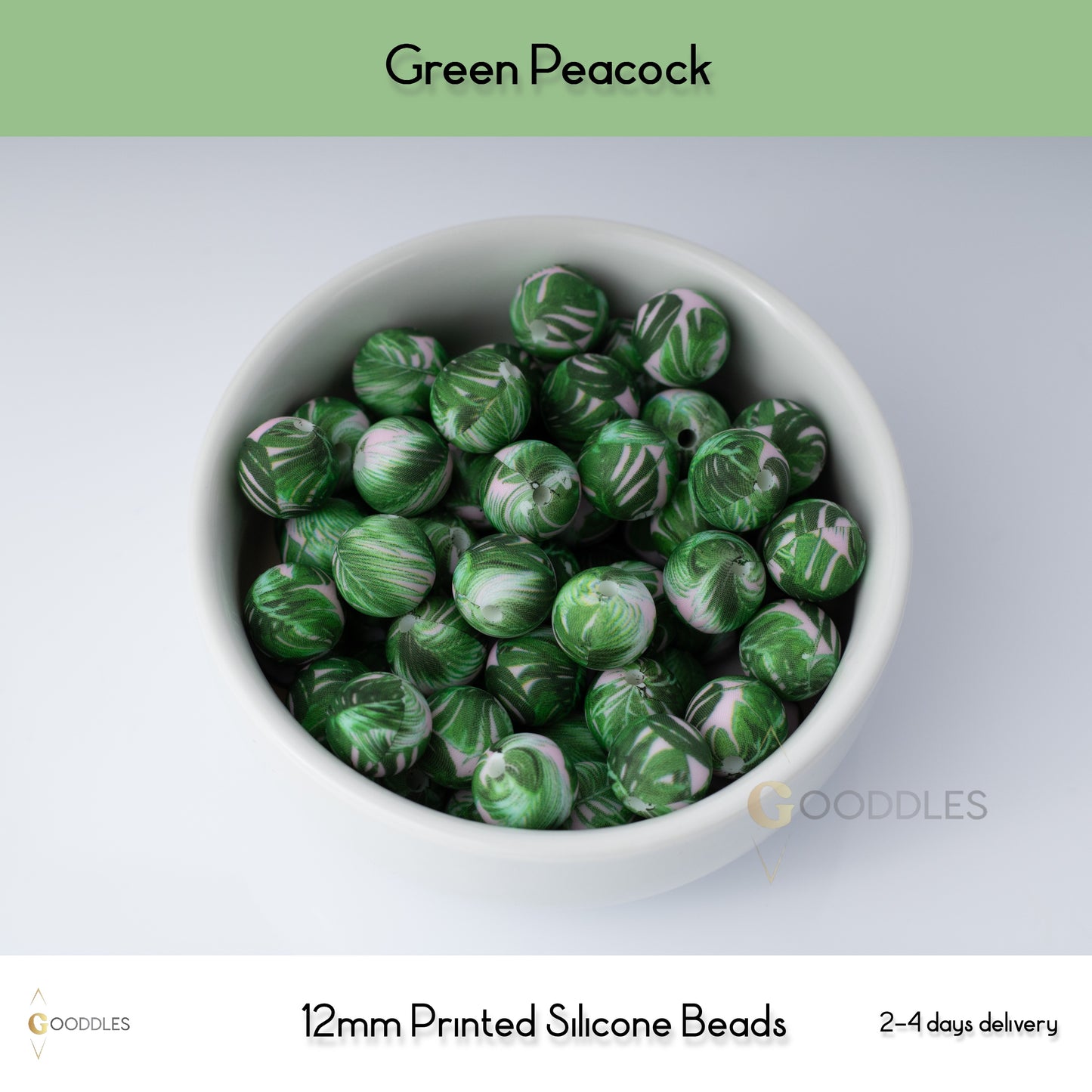 Green Peacock Silicone Beads Printed Round Silicone Beads