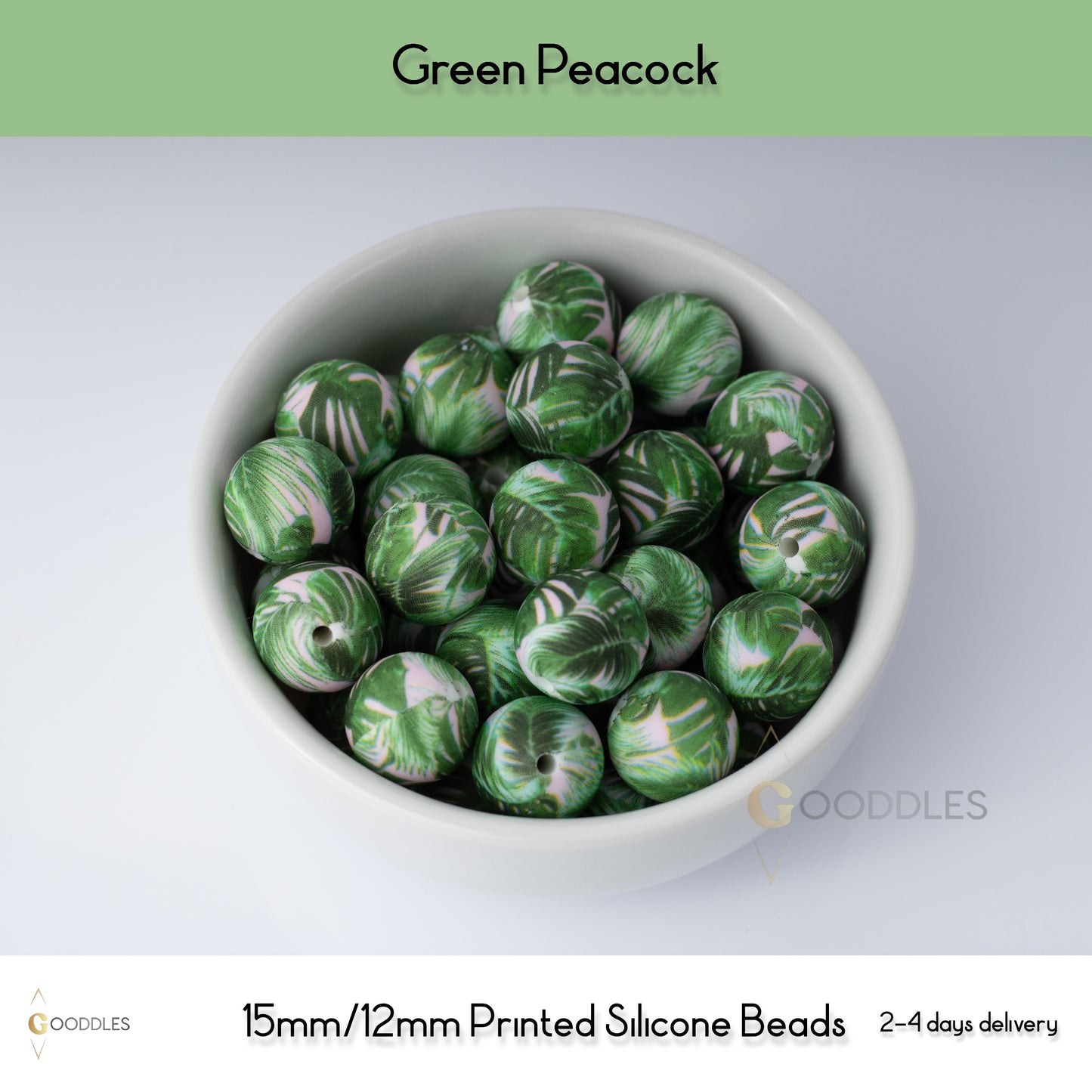 Green Peacock Silicone Beads Printed Round Silicone Beads