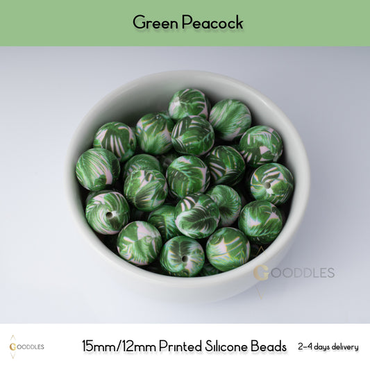 Green Peacock Silicone Beads Printed Round Silicone Beads