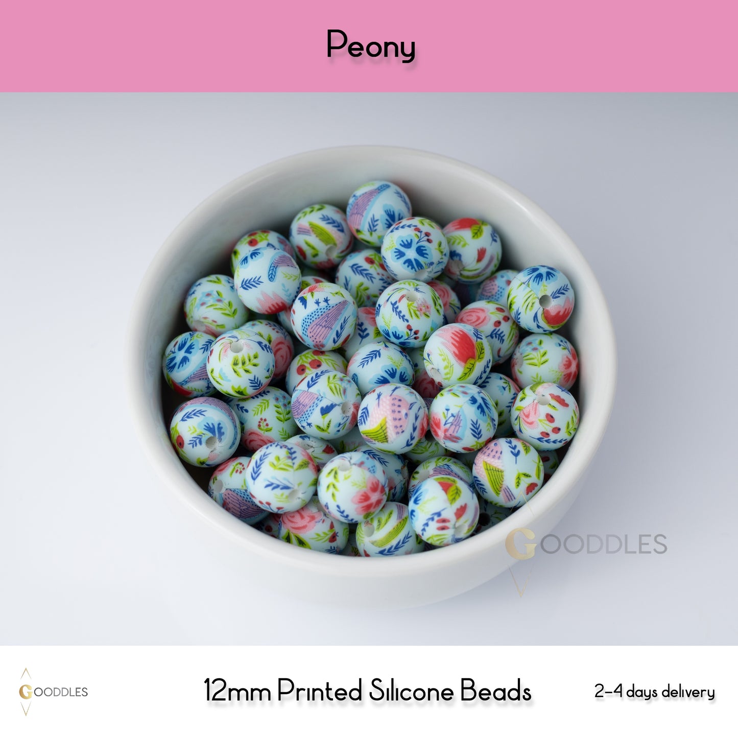 Peony Silicone Beads Printed Round Silicone Beads