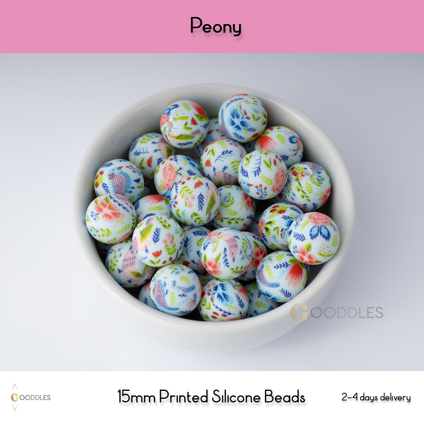 Peony Silicone Beads Printed Round Silicone Beads
