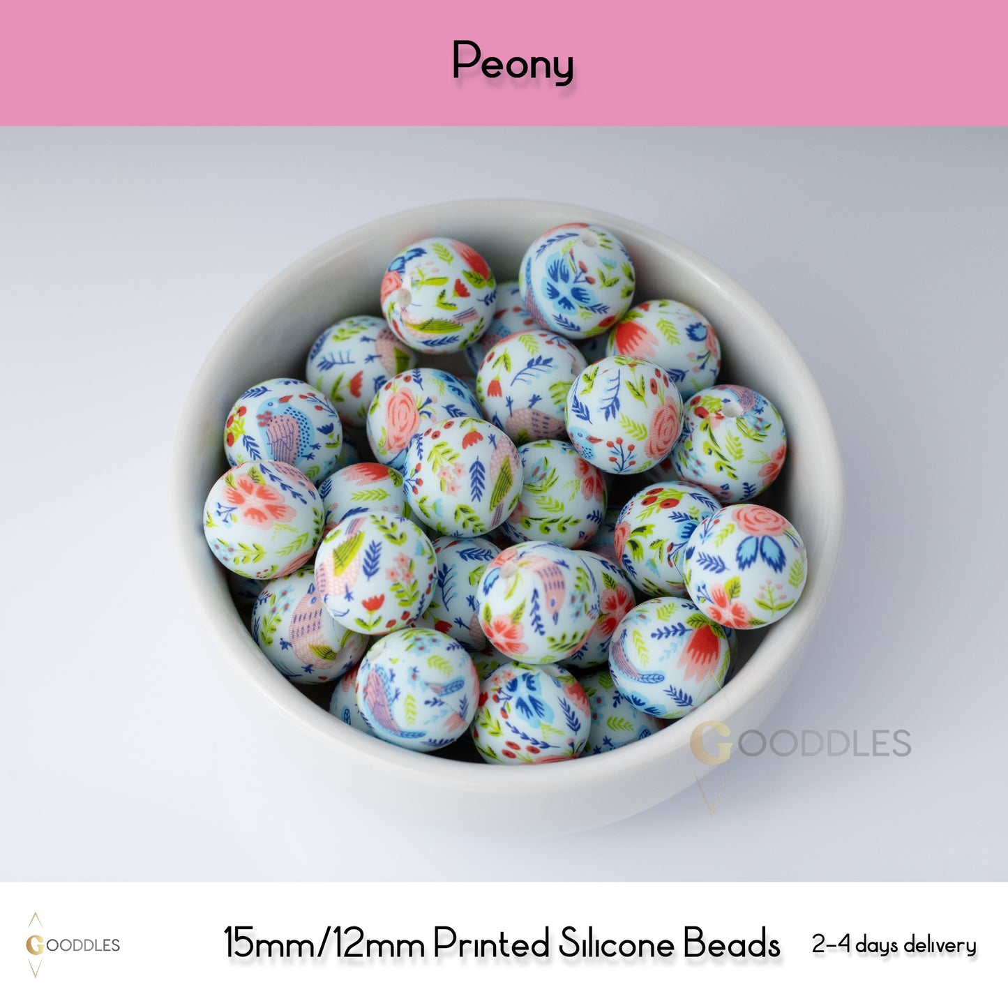 Peony Silicone Beads Printed Round Silicone Beads