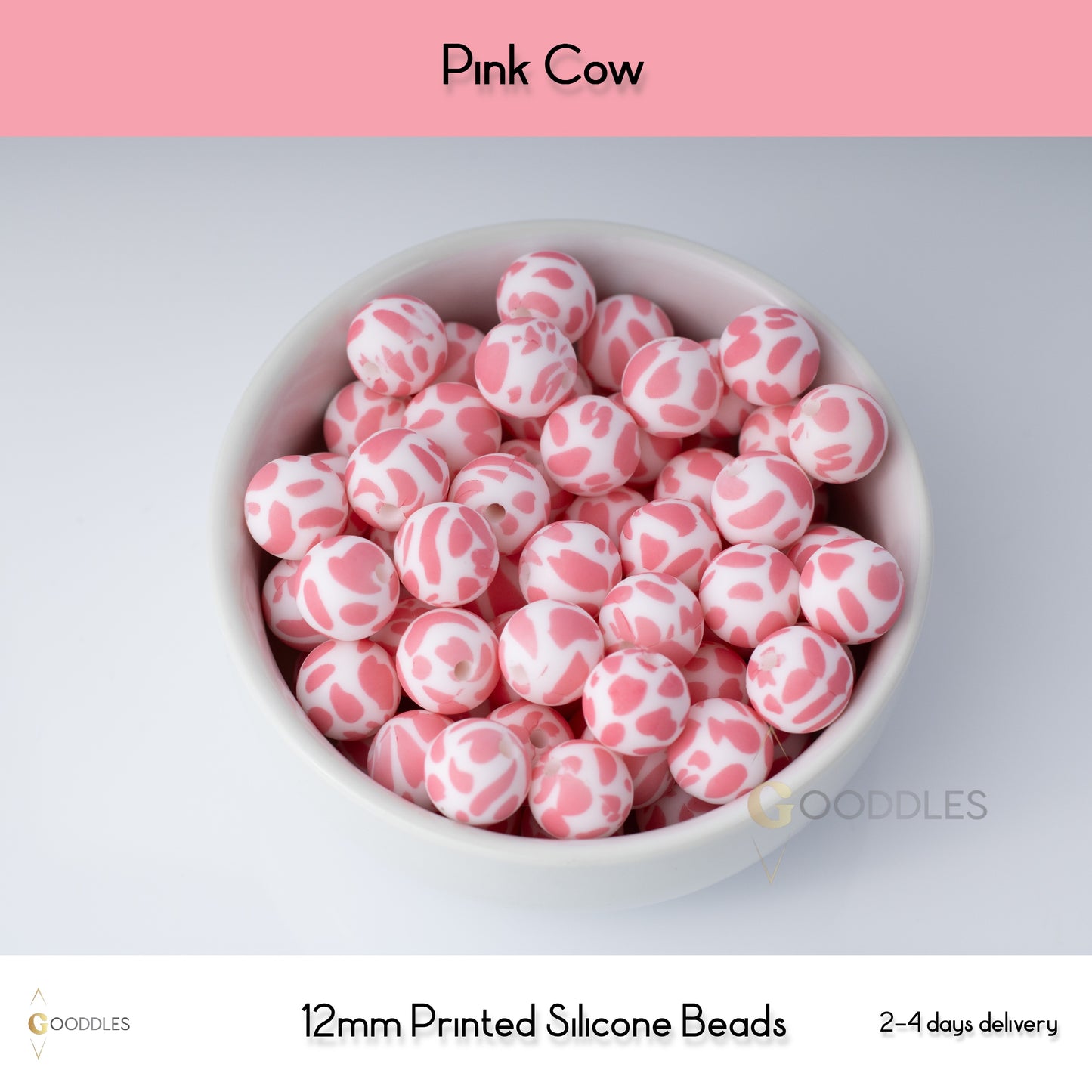Pink Cow Silicone Beads Printed Round Silicone Beads