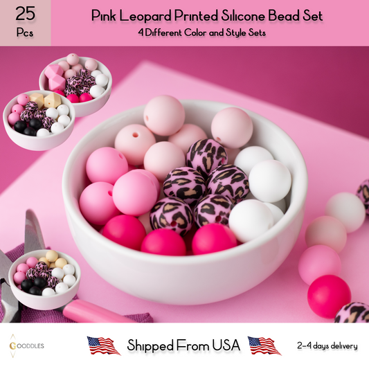 25pcs, Pink Leopard Silicone Bead Mix Round Silicone Beads