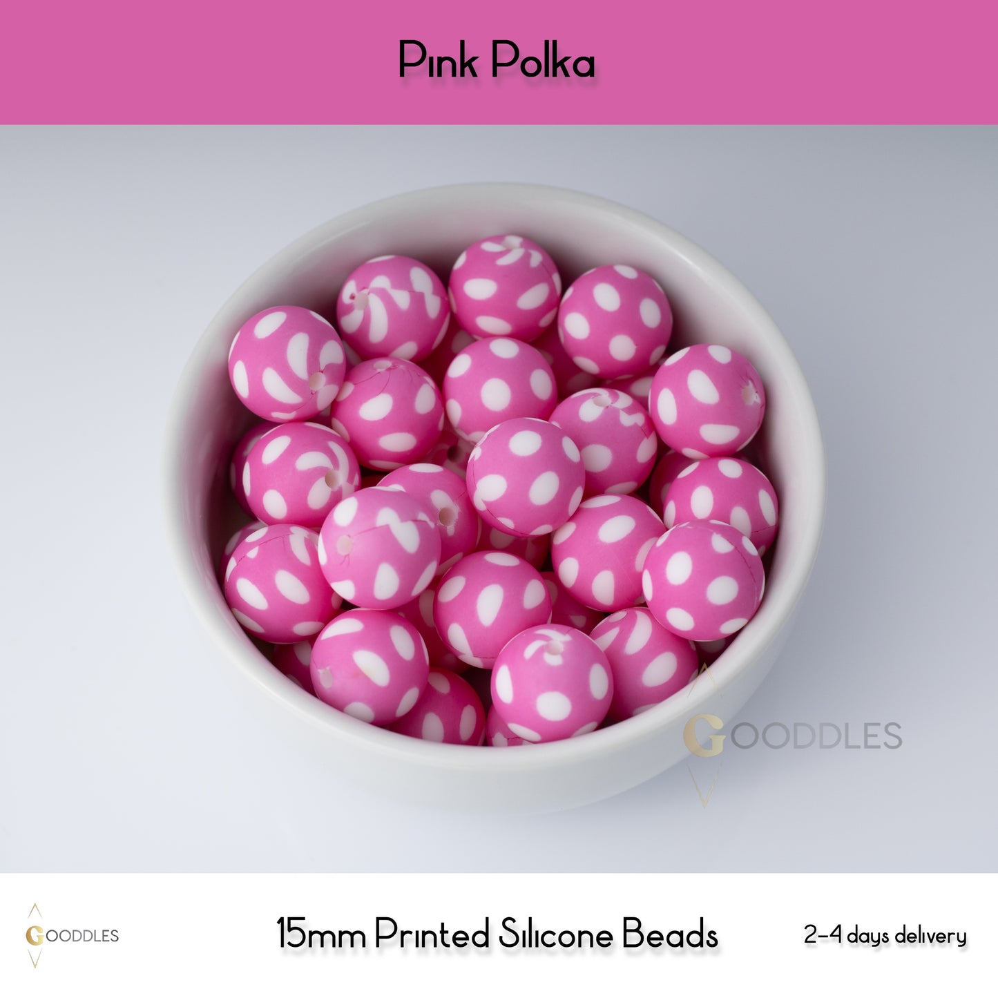 Pink Polka Silicone Beads Printed Round Silicone Beads