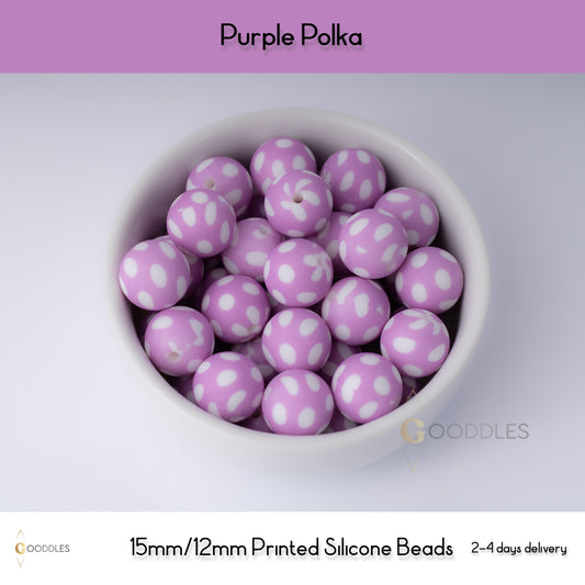 Purple Polka Silicone Beads Printed Round Silicone Beads