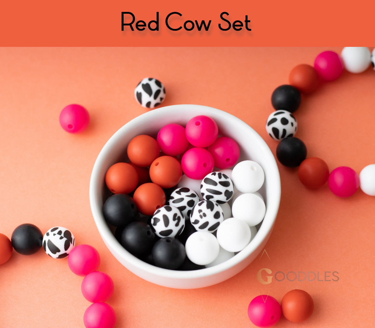 25pcs, Cow Silicone Bead Mix Round Silicone Beads