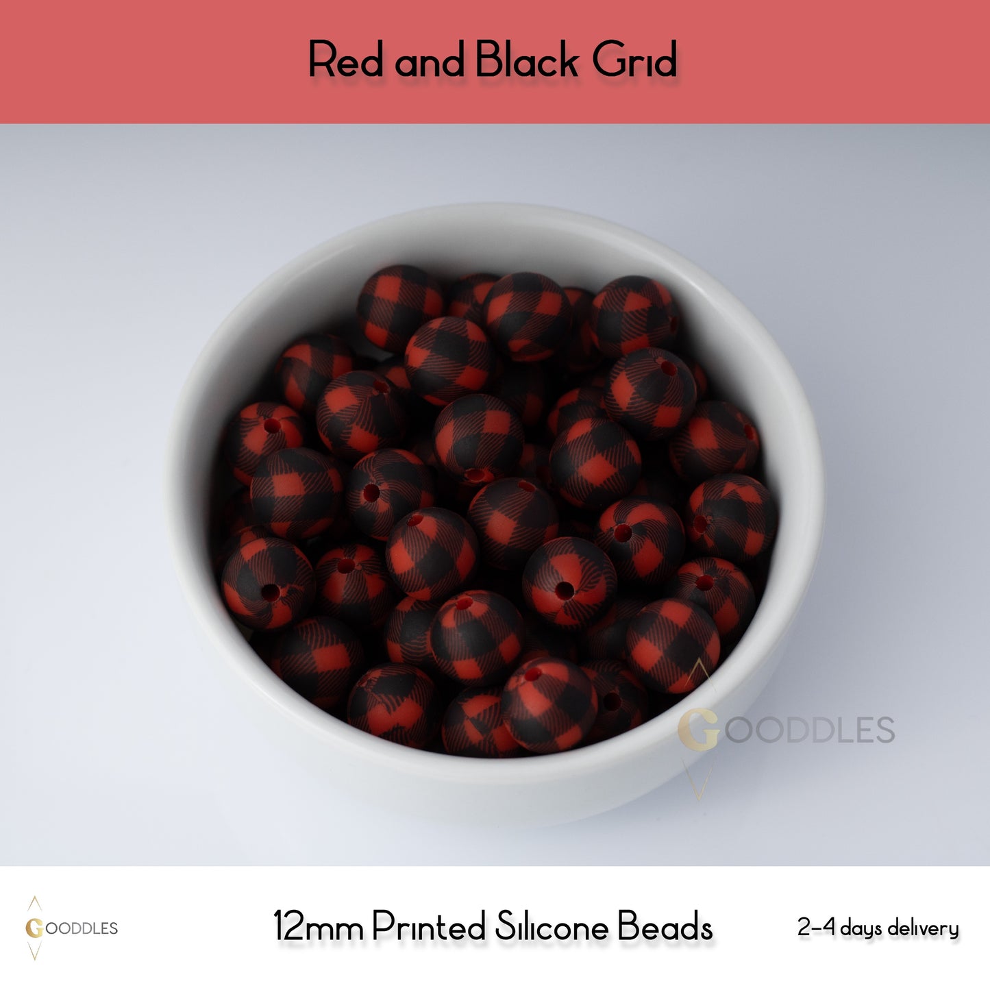 Red and Black Grid Silicone Beads Printed Round Silicone Beads