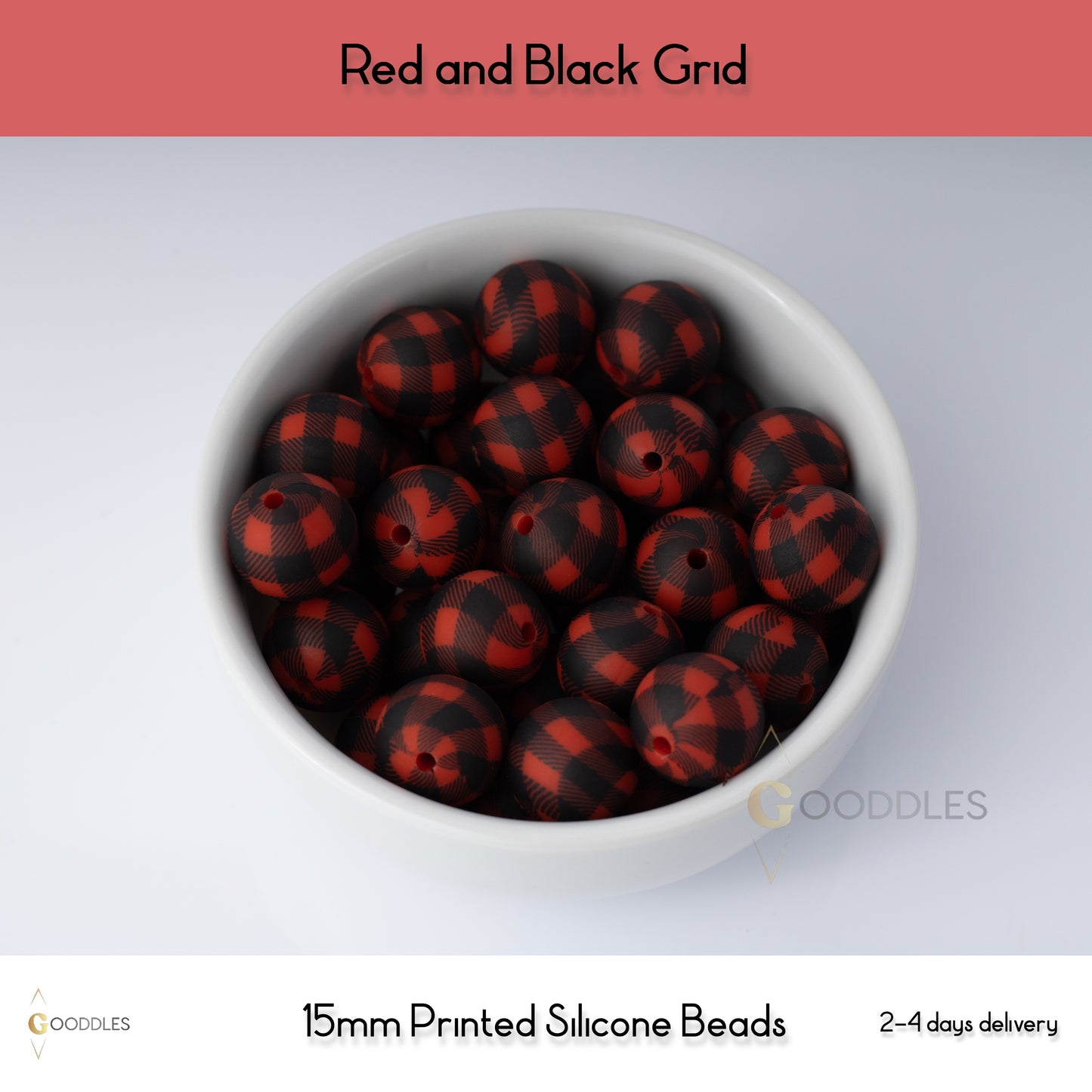 Red and Black Grid Silicone Beads Printed Round Silicone Beads