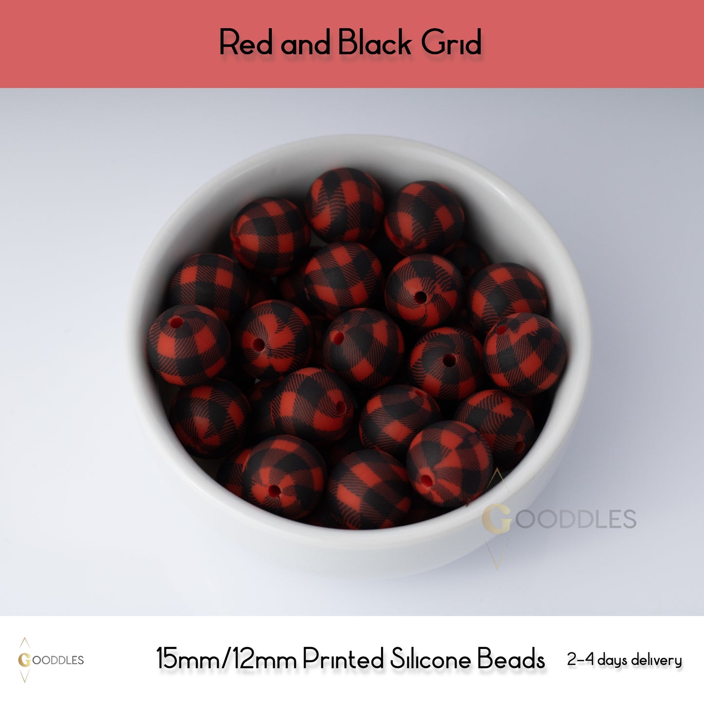 Red and Black Grid Silicone Beads Printed Round Silicone Beads