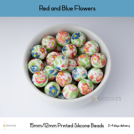 Red and Blue Flowers Silicone Beads Printed Round Silicone Beads