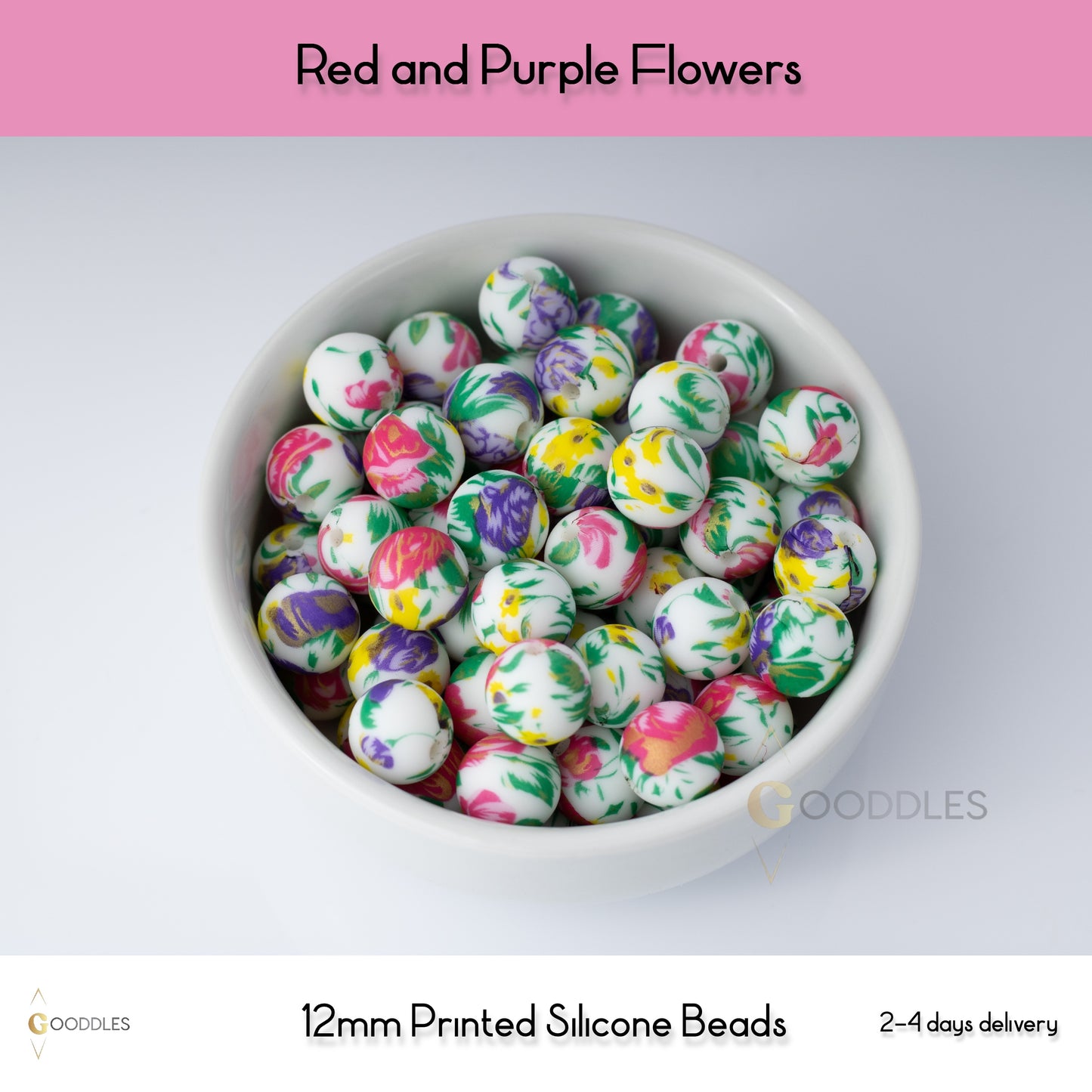 Red and Purple Flowers Silicone Beads Printed Round Silicone Beads