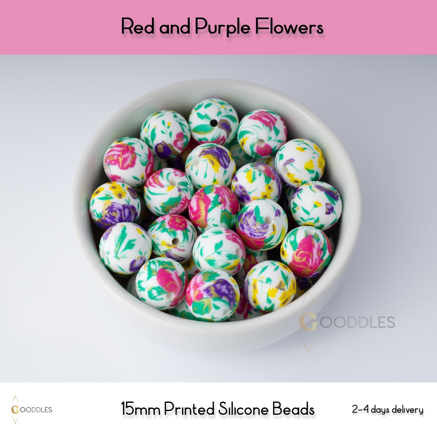 Red and Purple Flowers Silicone Beads Printed Round Silicone Beads