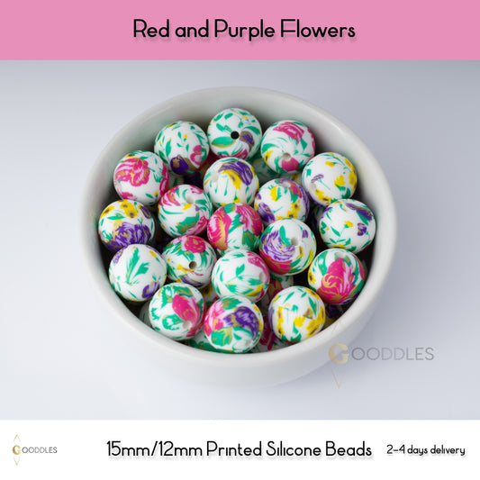 Red and Purple Flowers Silicone Beads Printed Round Silicone Beads