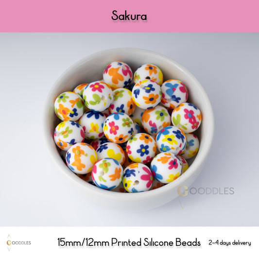 Sakura Silicone Beads Printed Round Silicone Beads