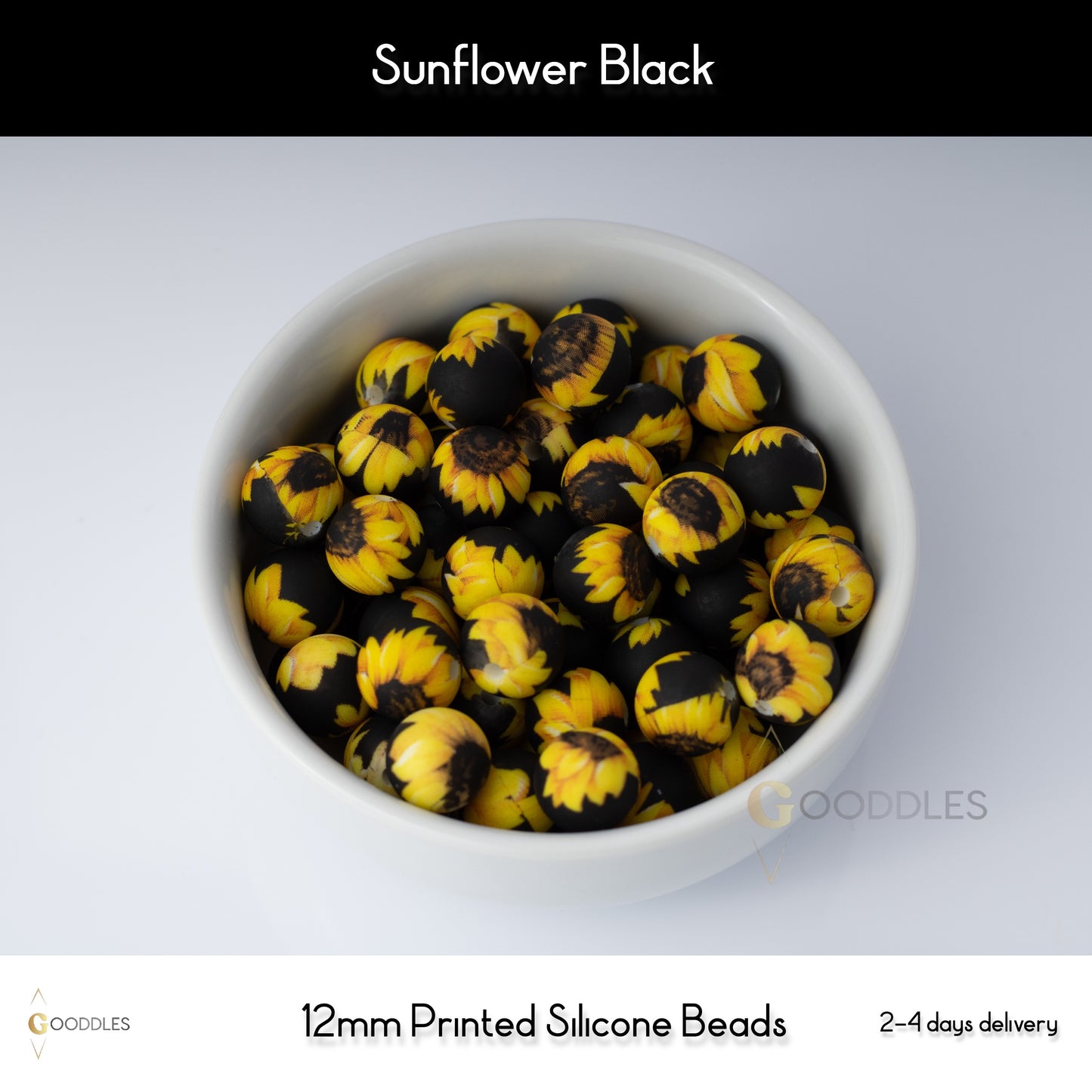 Sunflower Black Silicone Beads Printed Round Silicone Beads