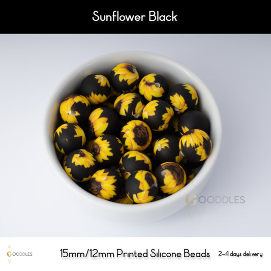 Sunflower Black Silicone Beads Printed Round Silicone Beads