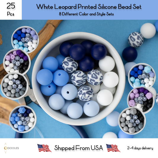 25pcs, White Leopard Silicone Bead Mix Round Silicone Beads