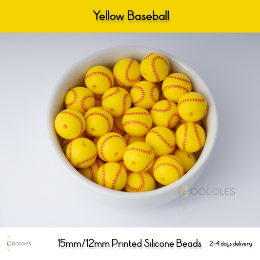 Yellow Baseball Silicone Beads Printed Round Silicone Beads