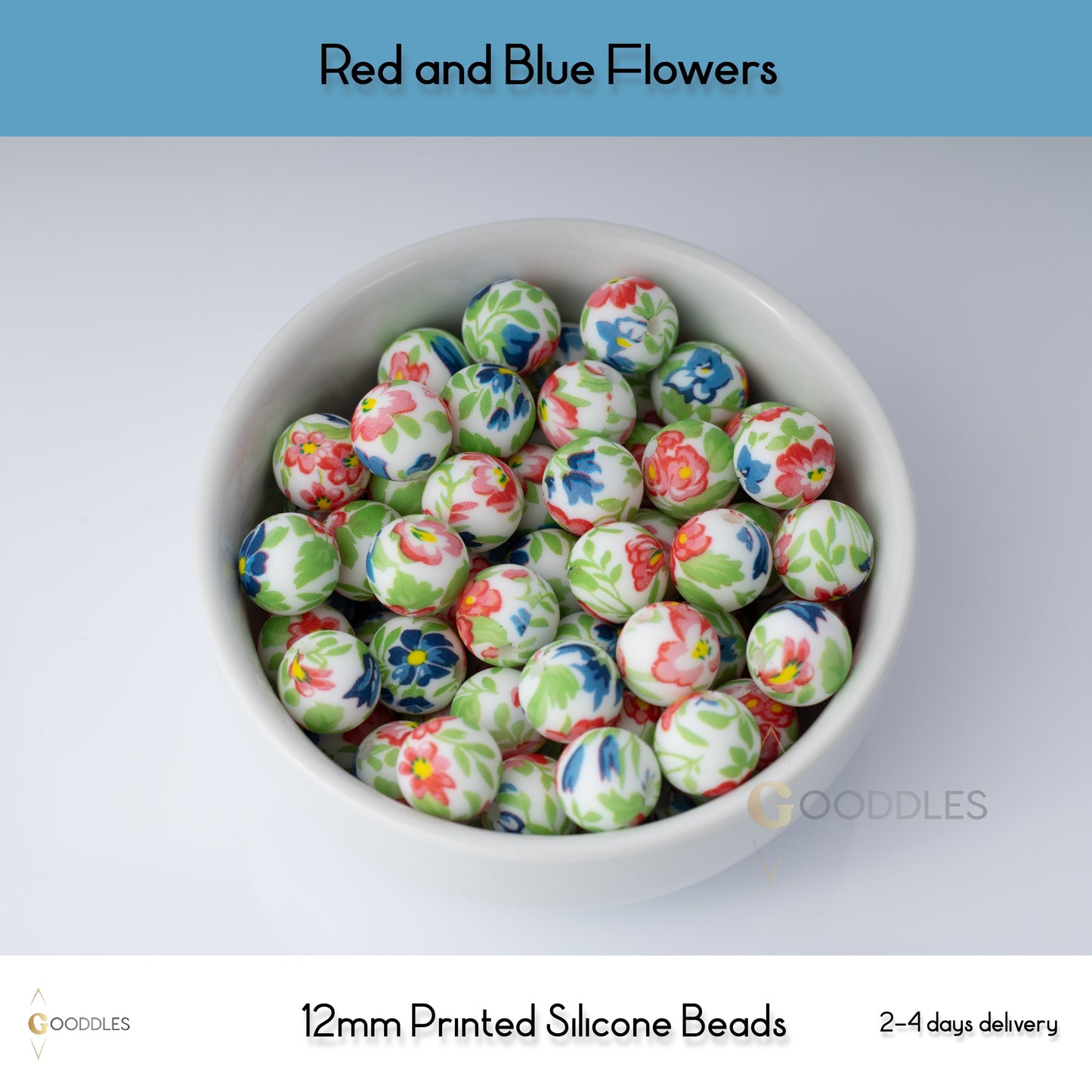 5pcs, Red and Blue Flowers Silicone Beads Printed Round Silicone Beads