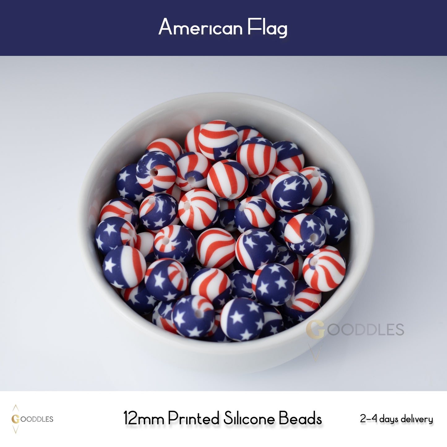 5pcs, American Flag Silicone Beads Printed Round Silicone Beads