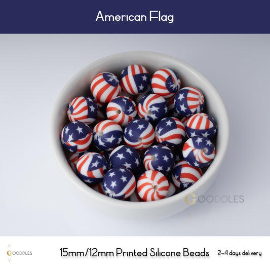 5pcs, American Flag Silicone Beads Printed Round Silicone Beads