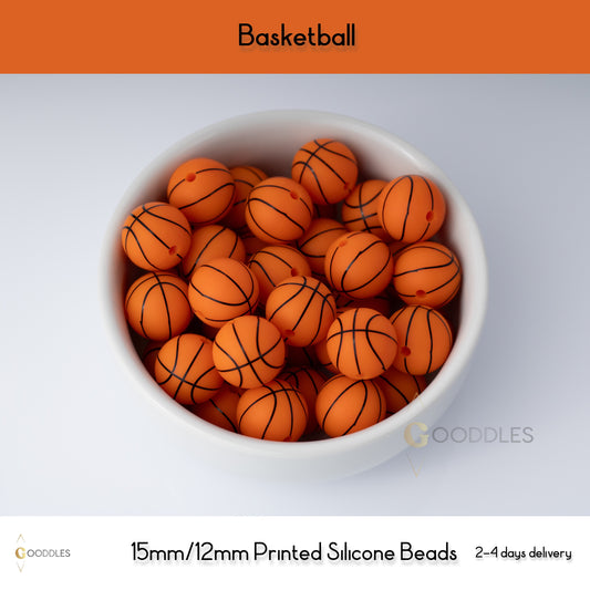 5pcs, Basketball Silicone Beads Printed Round Silicone Beads