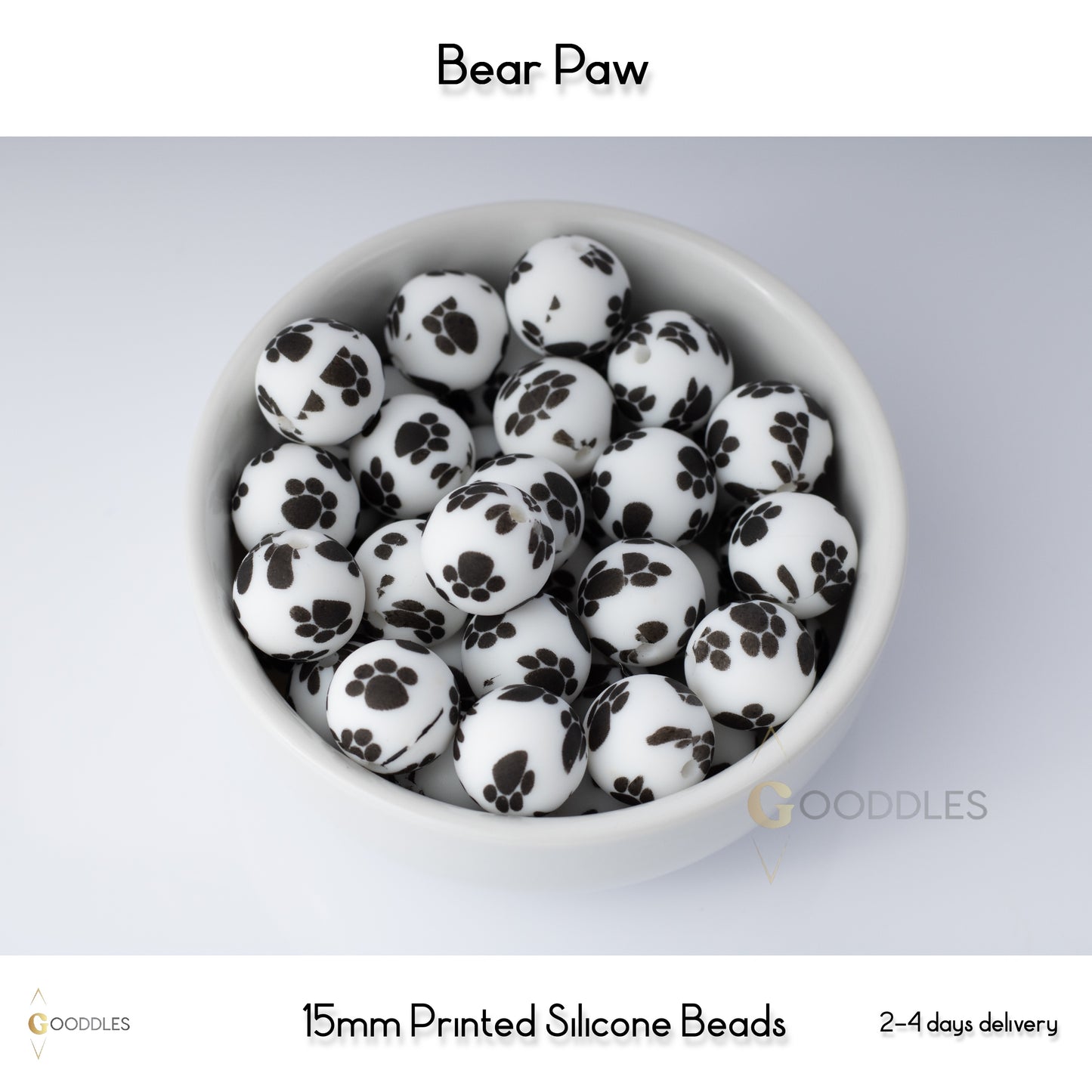 5pcs, Bear Paw Silicone Beads Printed Round Silicone Beads